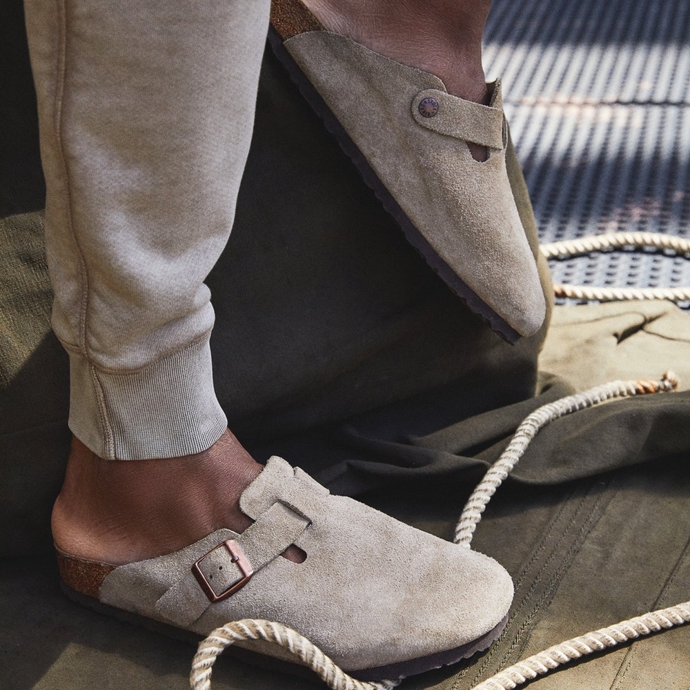 Birkenstock Boston Taupe Suede Leather Soft Footbed Clog Shoes 39 8–8.5